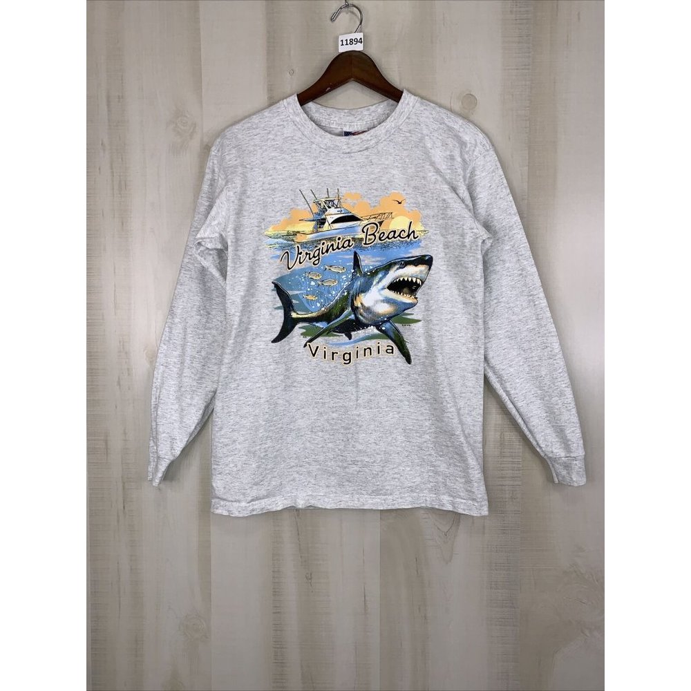 Vintage 90s Jensen Virginia Beach Virginia Shark Graphic Long Sleeve Shirt Small